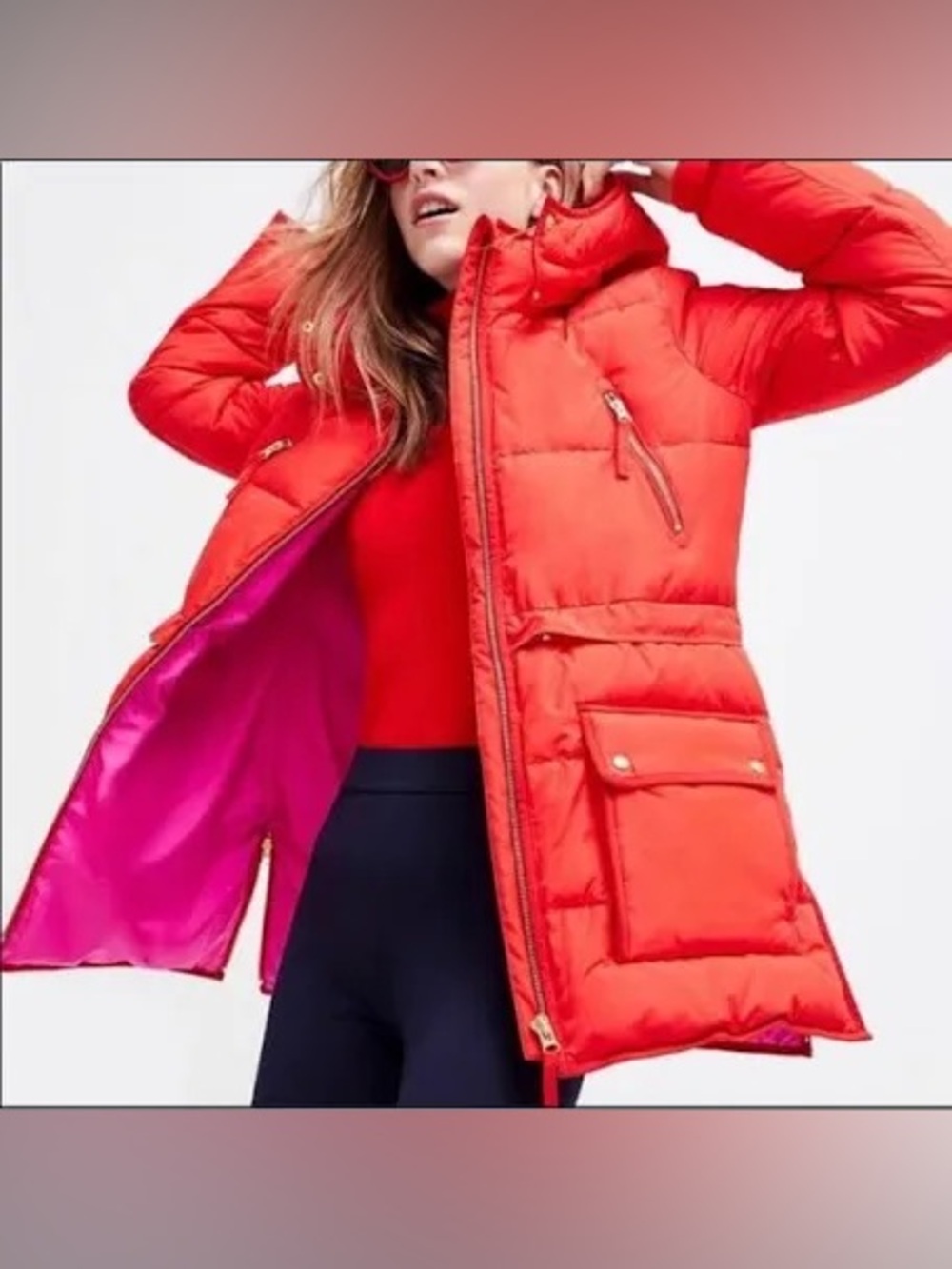 J.Crew Puffer Jacket Women's Red And Pink Lining Size Medium LIKE NEW